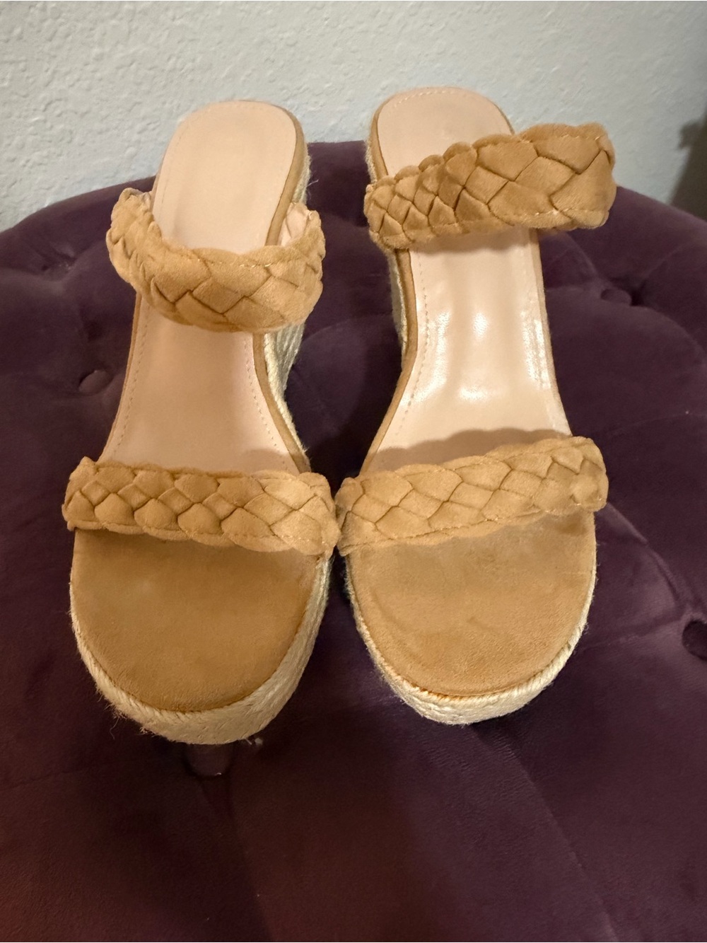 Braided Suede Espadrille Wedge Sandals in Tan